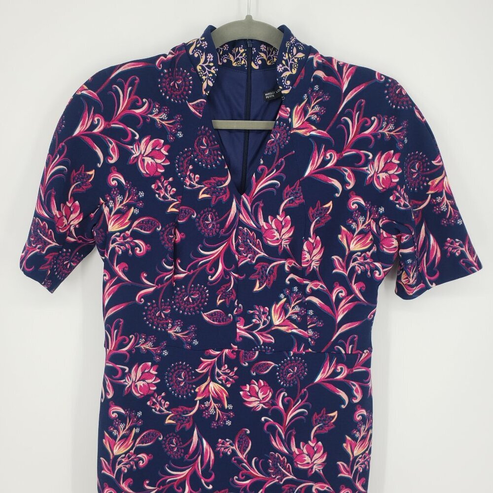 Maggy London Navy / pink Floral Sheath Dress. Beautiful embroidered collar sz 8P - Picture 4 of 9